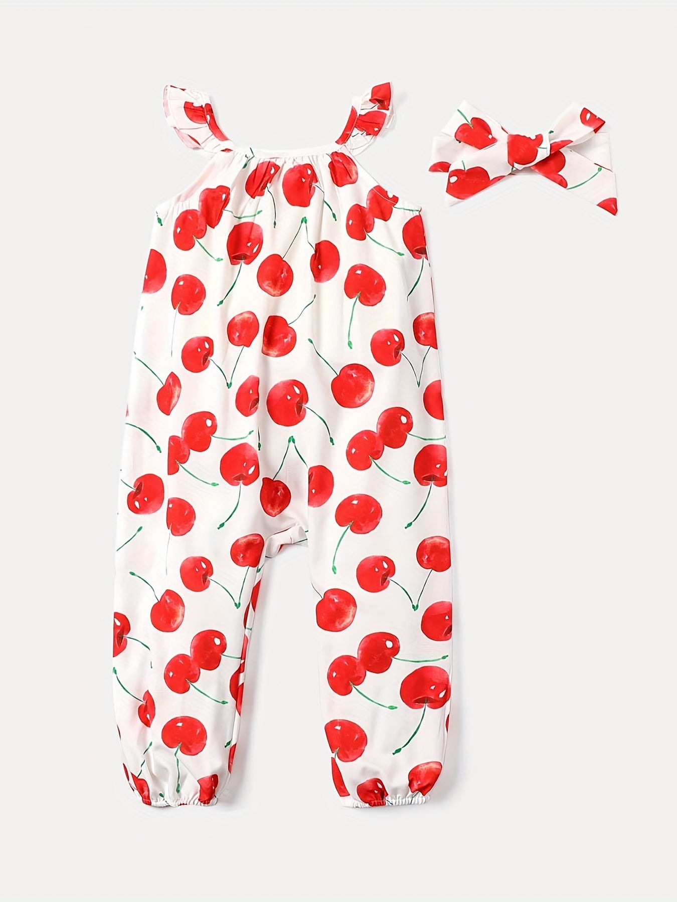 2pcs Toddler Girls Cherry Graphic Ruffle Trim Rompers Jumpsuits & Headband Set