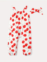 2pcs Toddler Girls Cherry Graphic Ruffle Trim Rompers Jumpsuits & Headband Set