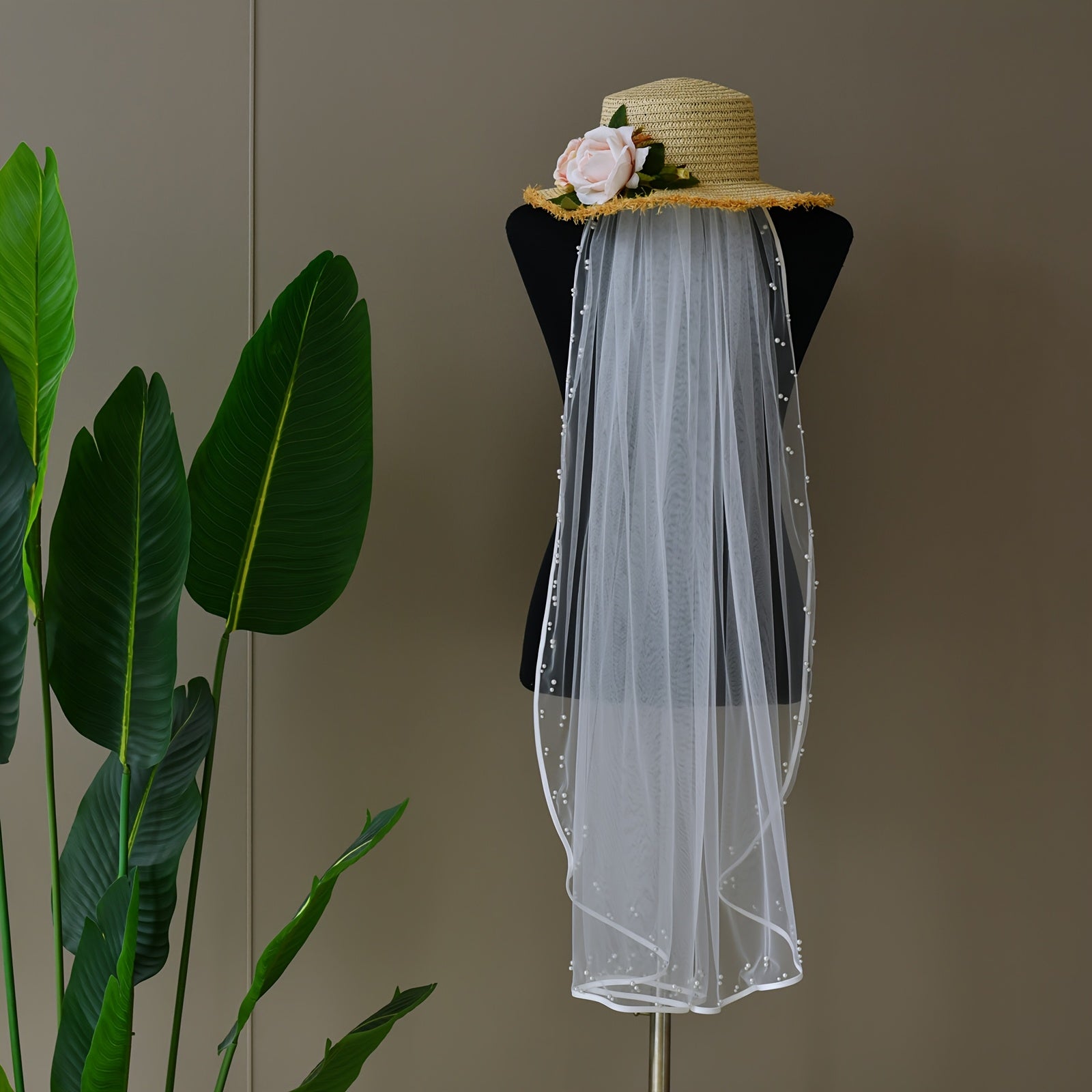 Long Bridal Veil with Beaded Detail Satin V Neck 3 4 Sleeve
