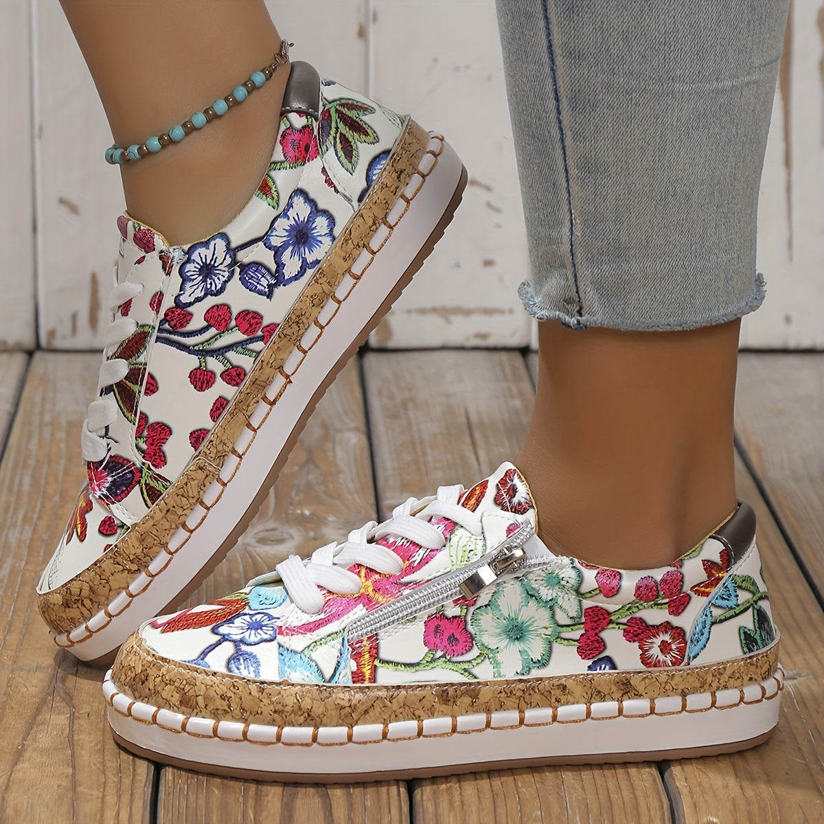 Women's Floral Print Sneakers Lace Up Side Zipper Low Top Shoes