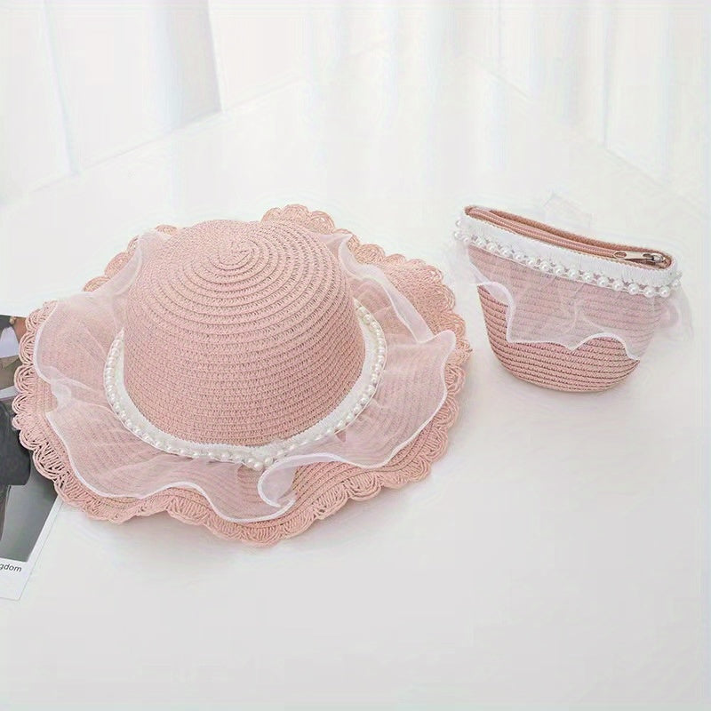 Girls Mesh Pearl Decor Lace Trim Straw Hat Sun Protection Cap & Straw Bag Set