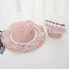 Girls Mesh Pearl Decor Lace Trim Straw Hat Sun Protection Cap & Straw Bag Set