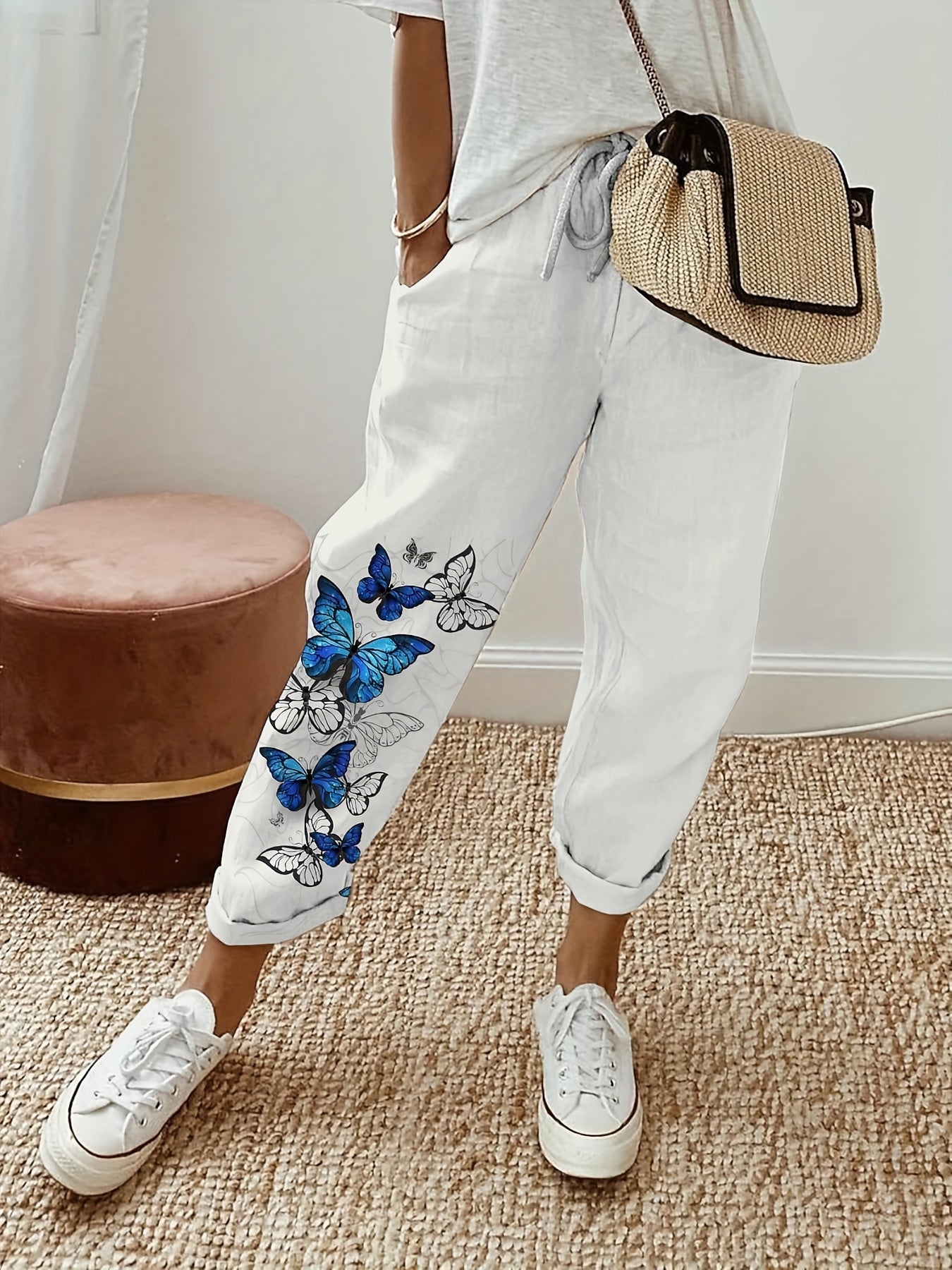 Women's Plus Butterfly Print Elastic Drawstring High Rise Casual Pants
