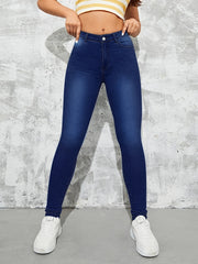 Dark High Waist Skinny Jeans Slim Fit Slash Pockets Stretchy Denim Pants