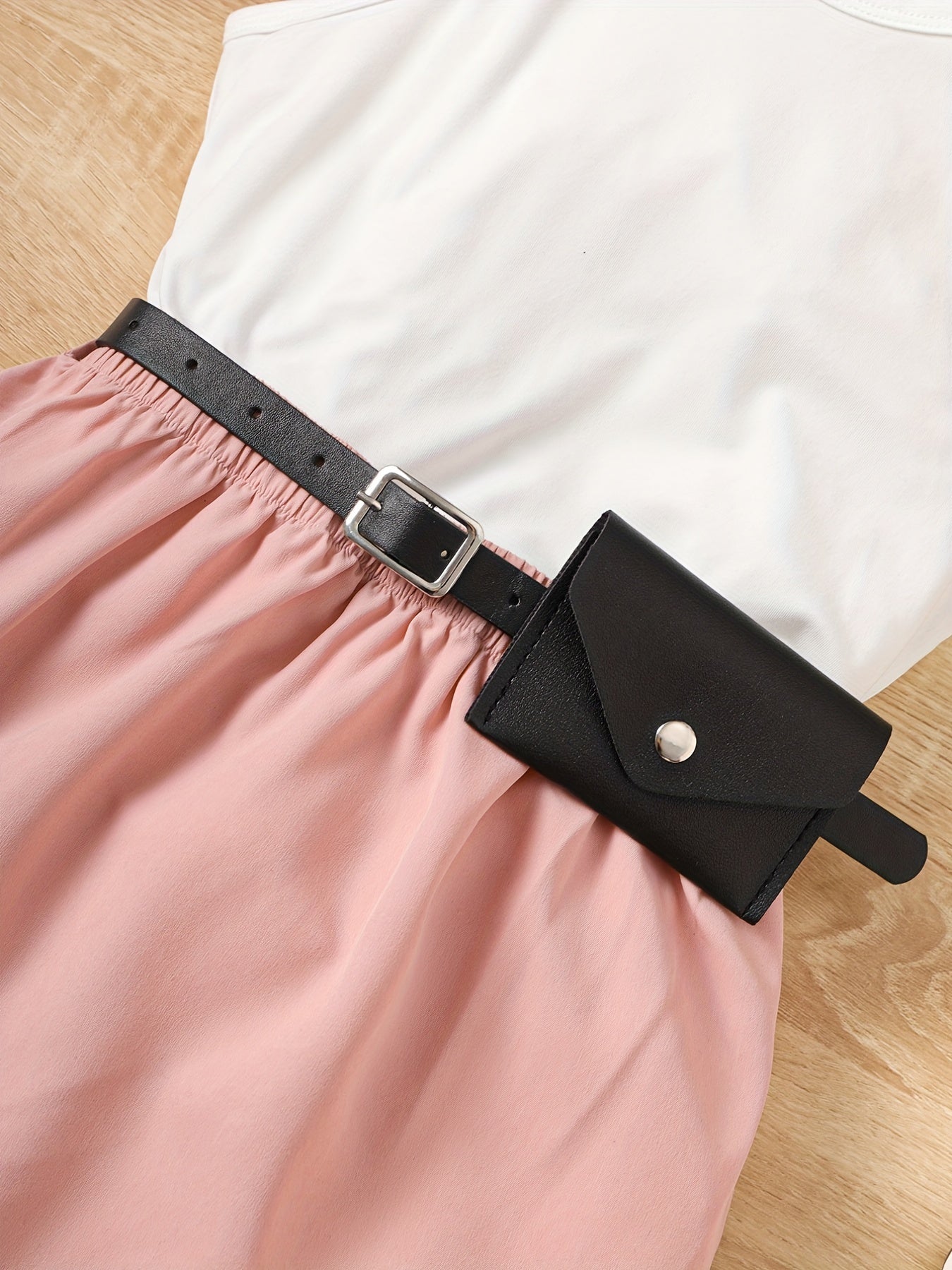3pcs Girls Cami Top & Skirt Set with Waist Bag