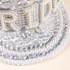 Bright Glitter Bride Hat Rhinestone Faux Pearl Sequin Captain Hat