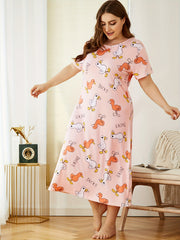 Duck Print Short Sleeve Round Neck Sleep Dress