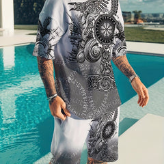Ethnic Pattern Print Men's 2Pcs Casual Set: T-shirt & Drawstring Shorts