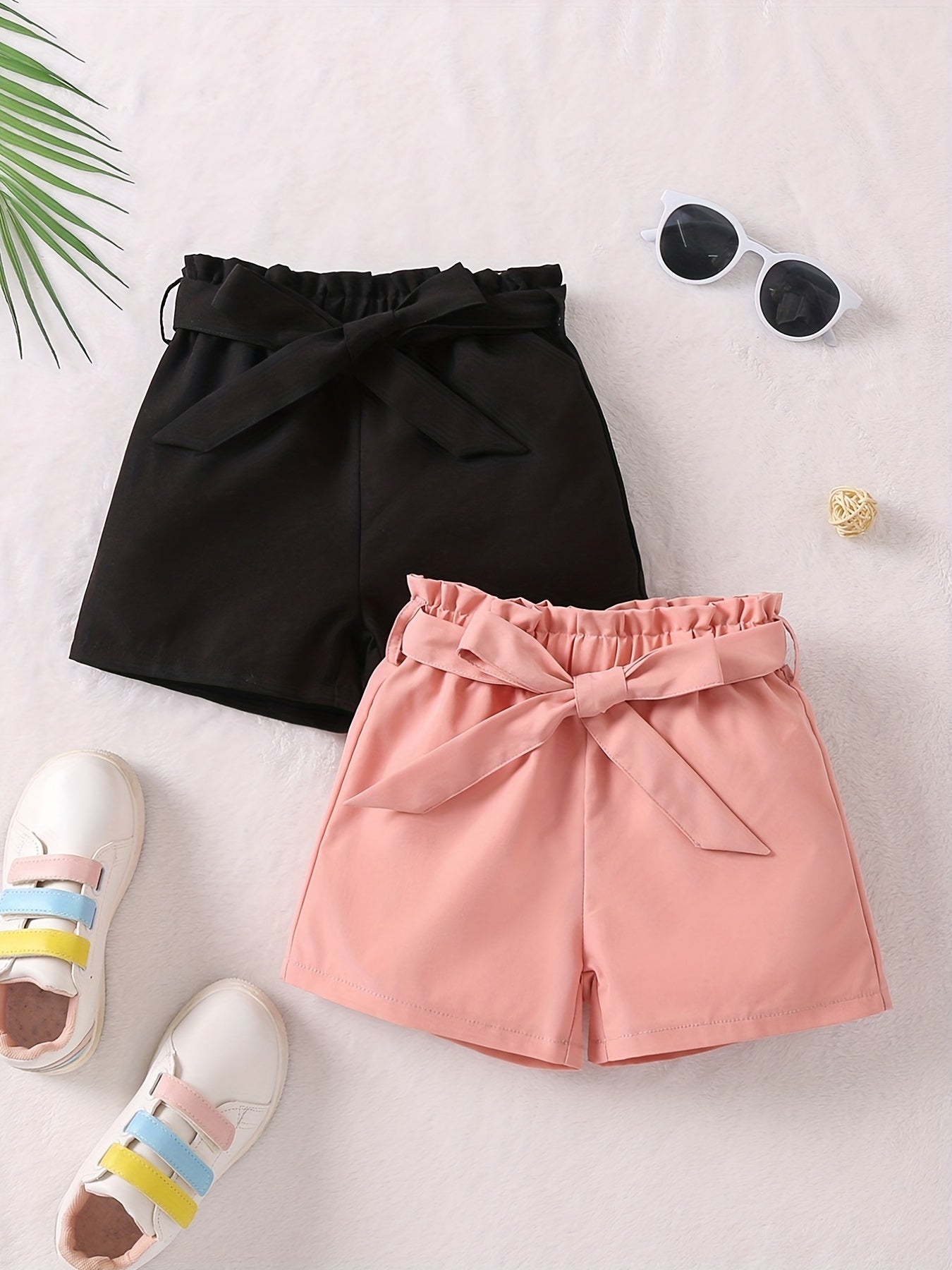 2pcs Girls Casual Shorts With Belt Breathable Comfortable Pants for Kids