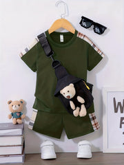 Boys Plaid Print T-shirt Top & Shorts & Bear Bag 3pcs Set