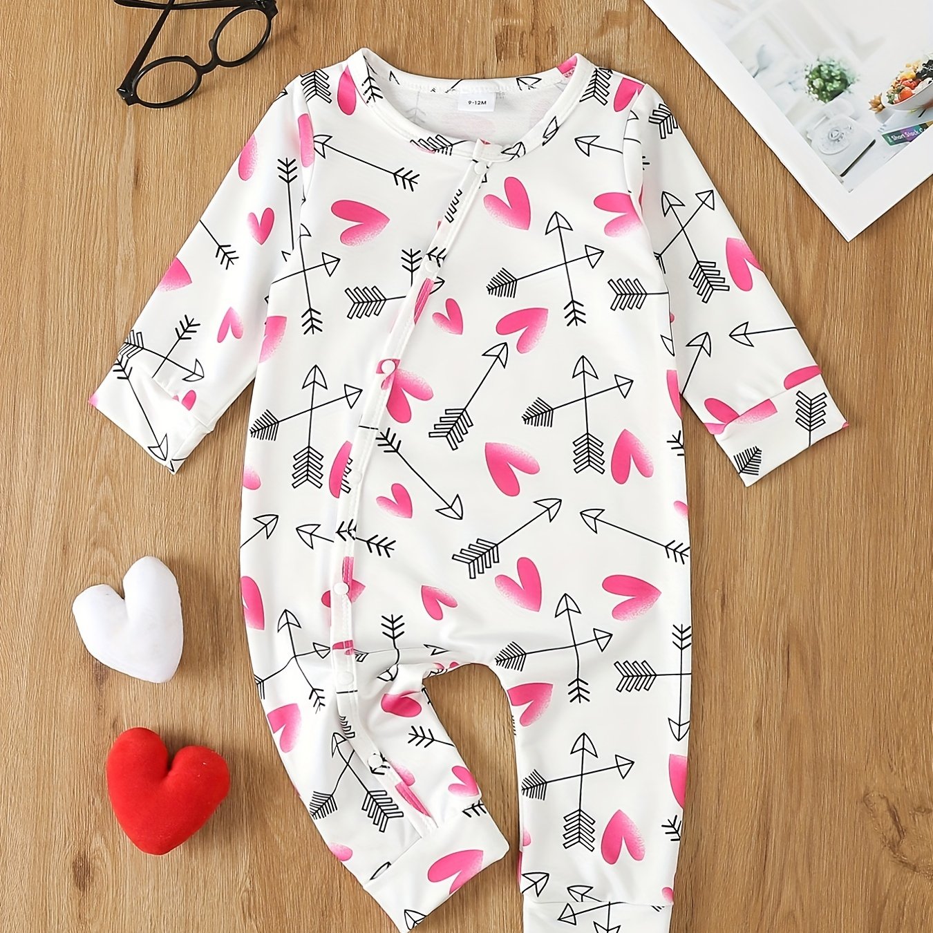 Heart Print Onesie Long Sleeve Jumpsuit for Baby Girls