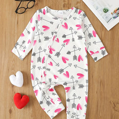 Heart Print Onesie Long Sleeve Jumpsuit for Baby Girls