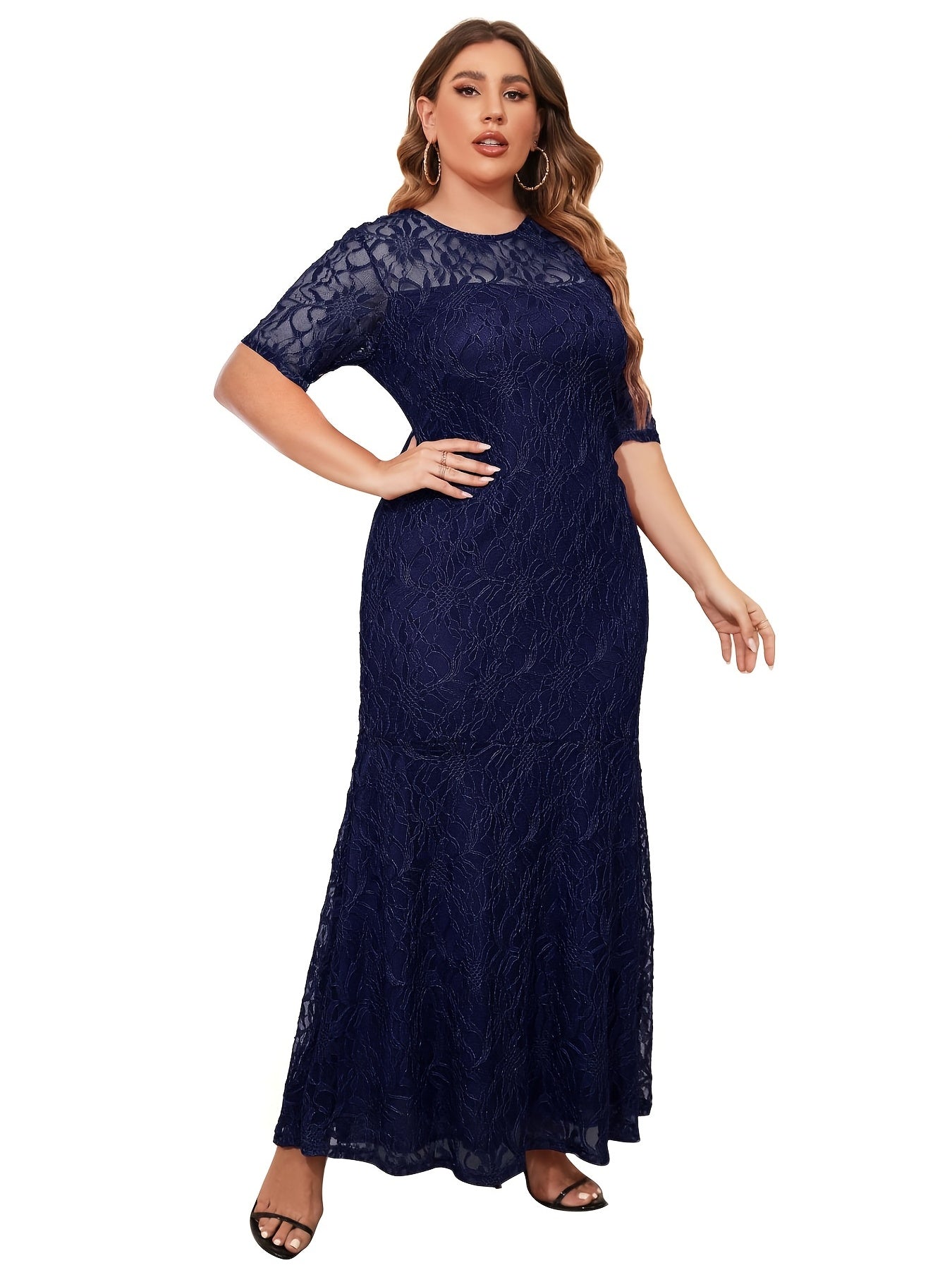 Floral Print Mesh Sleeve Maxi Dress Plus Size
