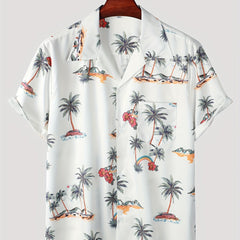 Men's Palm Tree Print Hawaiian Shirt Button Up Short Sleeve