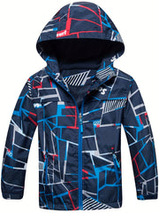 Boys Block Zip Up Fleece Lining Casual Hooded Jacket Raincoat Windbreaker