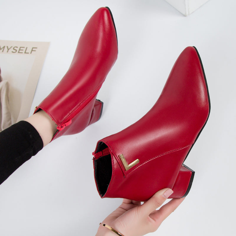 Metal Decor Chunky Heel Boots with Zip Side