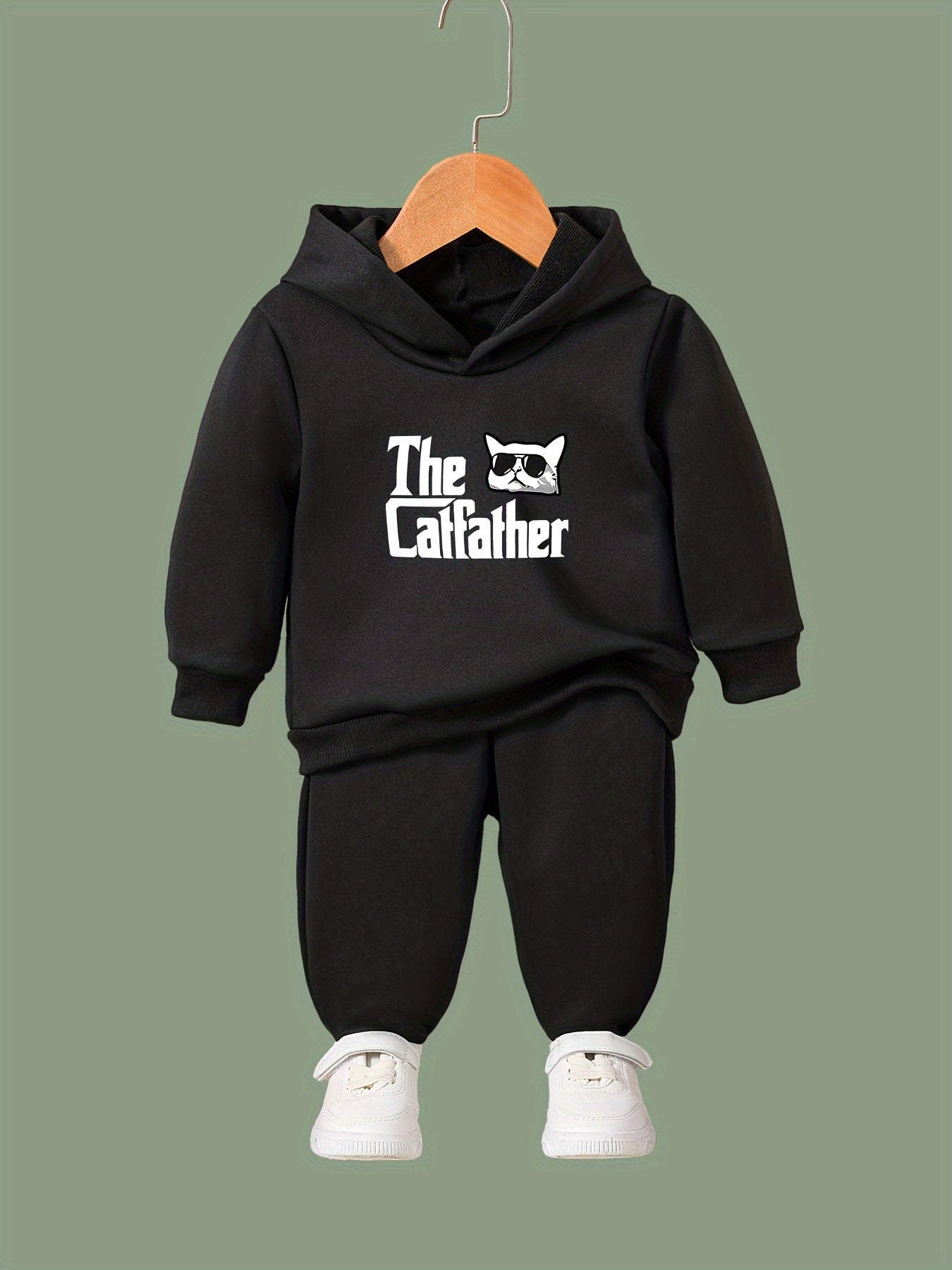 Kid's The Cat Father Print Hoodie & Pants Set, Sporty Clothes