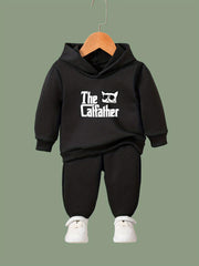 Kid's The Cat Father Print Hoodie & Pants Set, Sporty Clothes