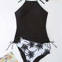 Lace Up Halter Tankini Set Tropical Panty Swim