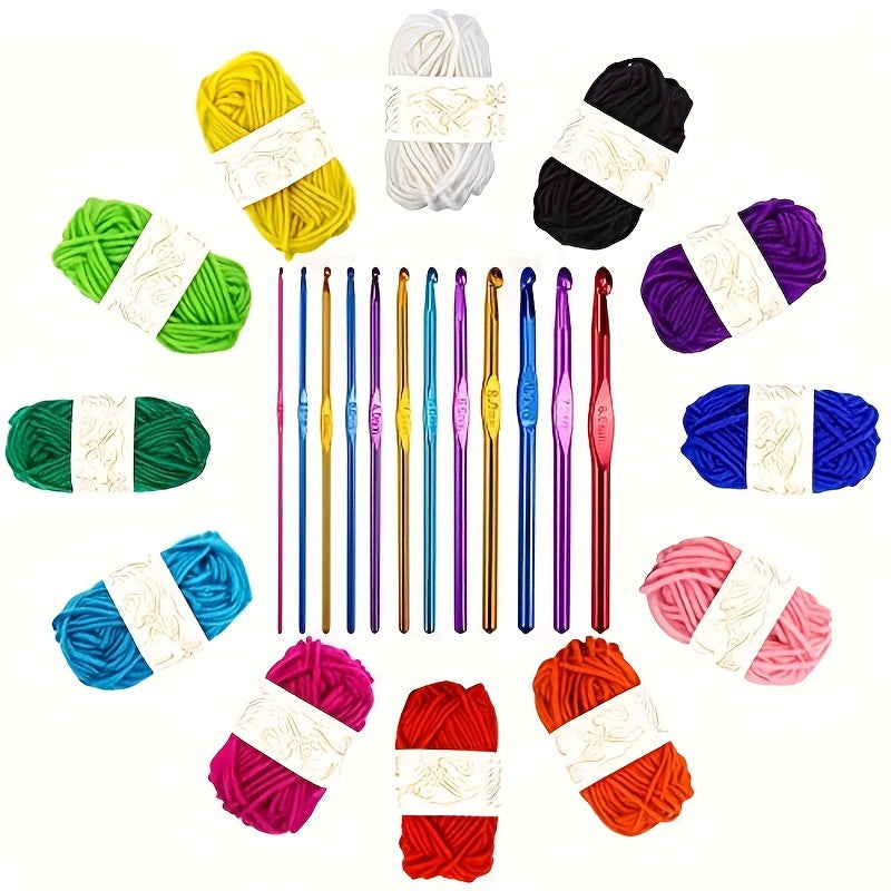 24pcs Crochet Kit: 12 Acrylic Yarn 10g + 12 Knitting Crochet Hooks 2-8mm