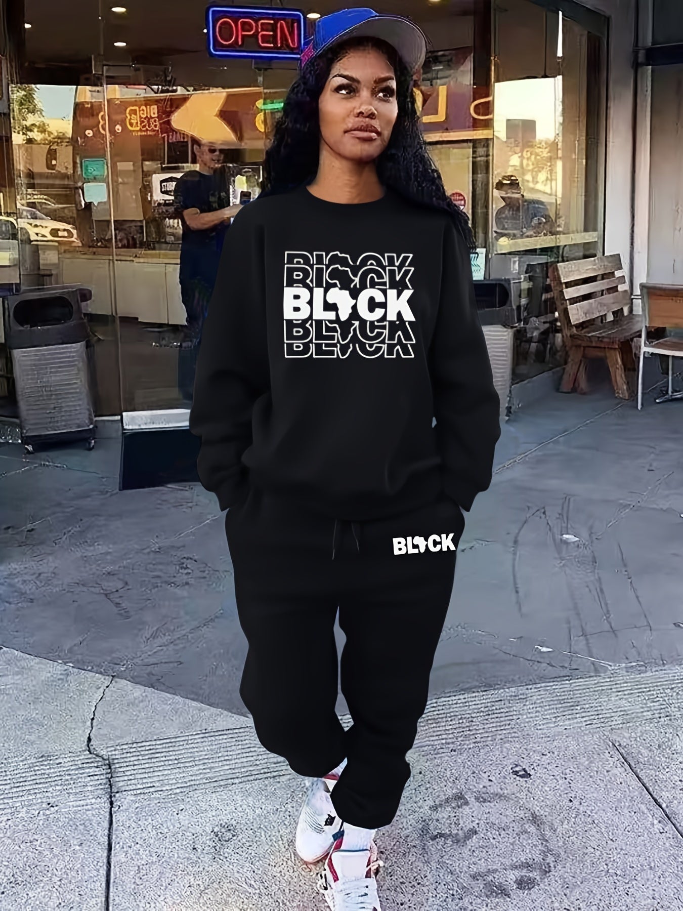 Letter Print Two-Piece Set Crew Neck Long Sleeve Tops & Drawstring Jogger Pants