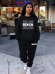 Letter Print Two-Piece Set Crew Neck Long Sleeve Tops & Drawstring Jogger Pants