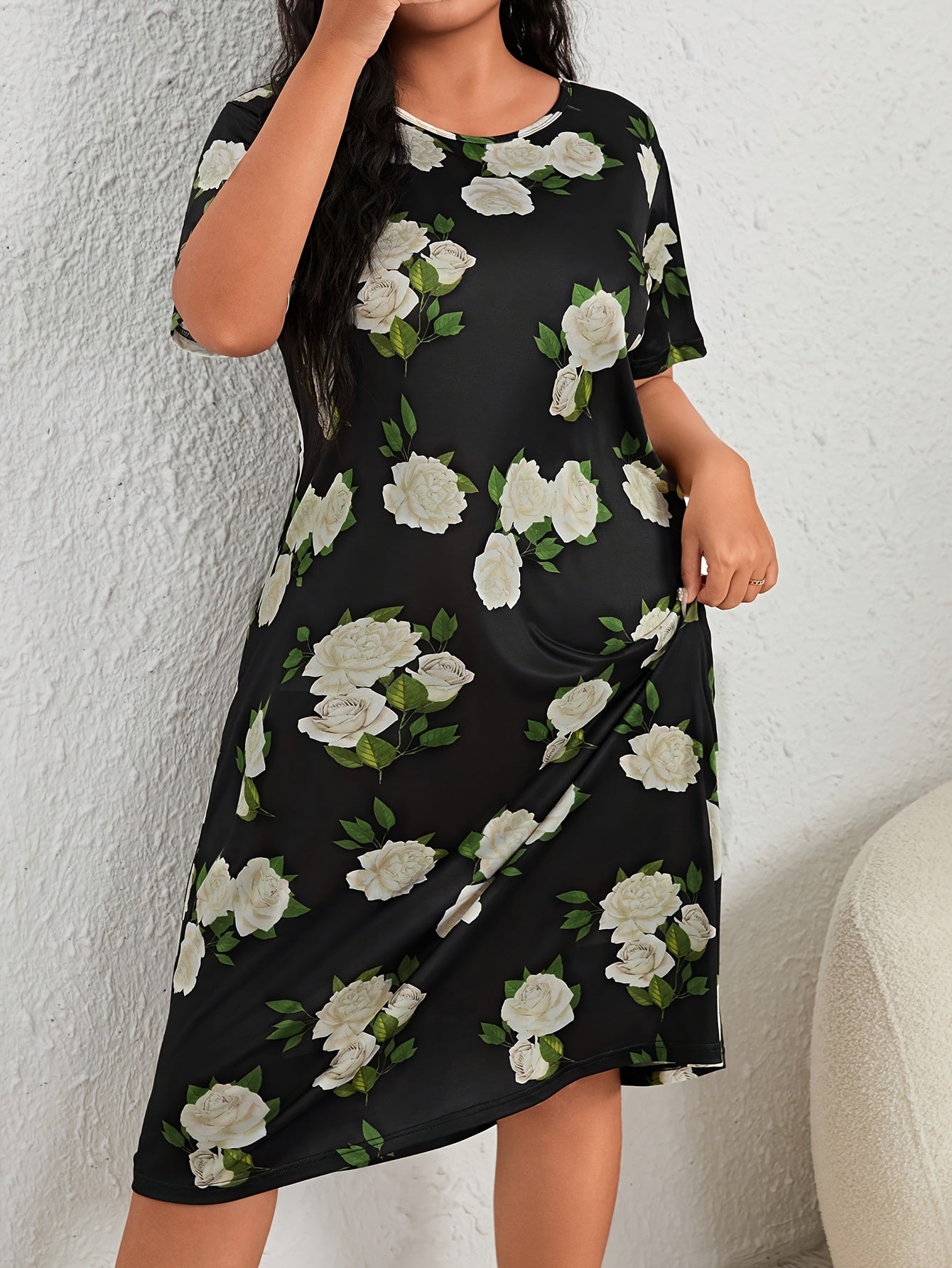 Nightdress Women's Plus Floral Print Short Sleeve Tee Sleep Dress