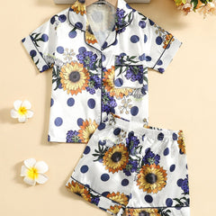 Girls Sunflower Print Top & Short Pants Loungewear Set