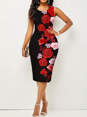 Floral Print Bodycon Dress Crew Neck Sleeveless Tank Dress