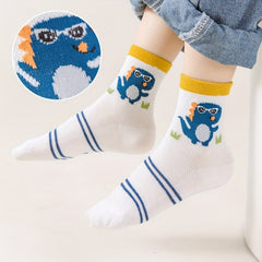 5 Pairs Boys Dino Pattern Crew Socks Breathable Mesh Kids Spring Socks