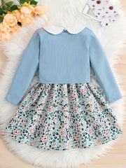 Girls 2pcs Long Sleeve Dress & Ribbed Cardigan Coat Set