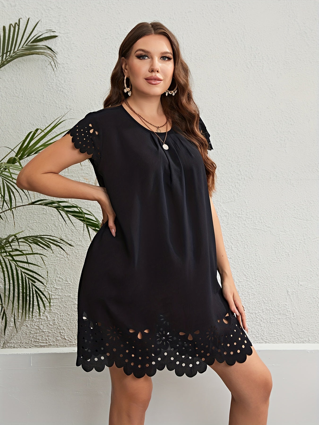 Solid Eyelet Embroidered Cap Sleeve Ruched Mini Dress
