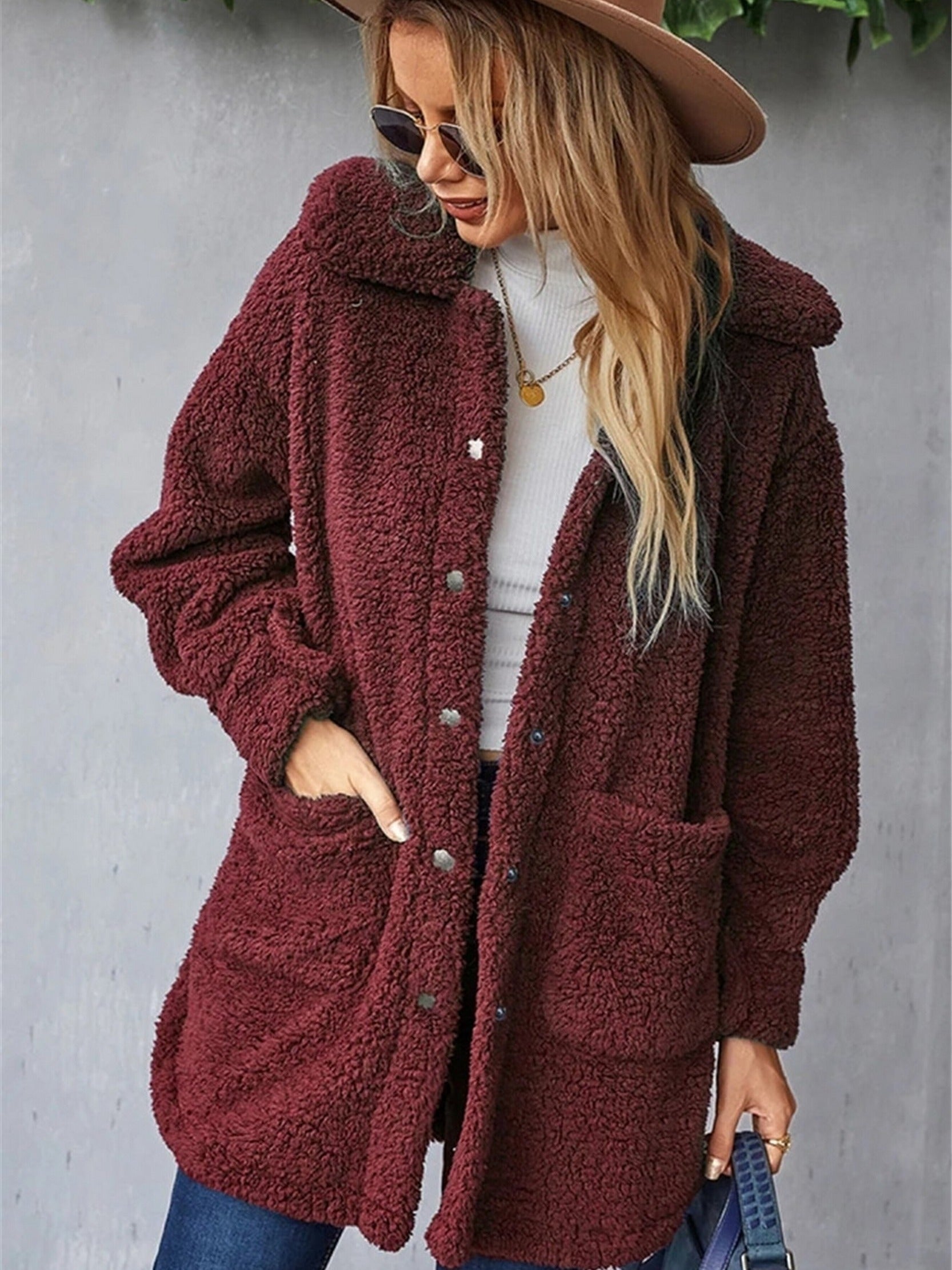Fuzzy Teddy Coat Button Up Warm Outerwear