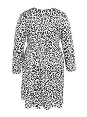 Leopard Print Long Sleeve Casual Dress with Pockets