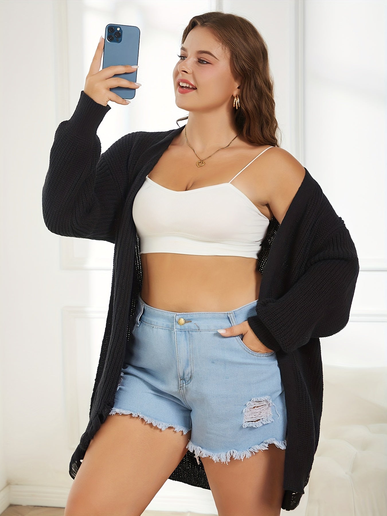 Casual Cardigan Lantern Sleeve Ripped Stretch Cardigan