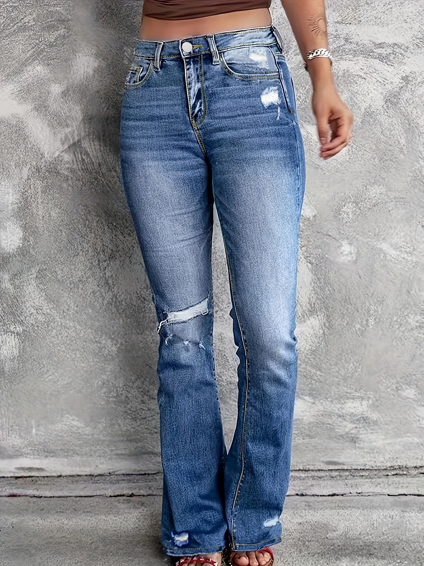 Ripped Button Fly Flared Leg High Stretch Washed Denim Pants