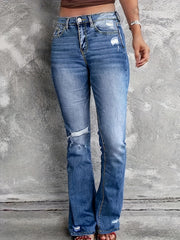 Ripped Button Fly Flared Leg High Stretch Washed Denim Pants