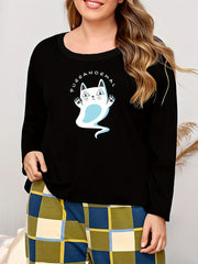 Ghost Print Halloween Lounge Top Women's Cat Long Sleeve