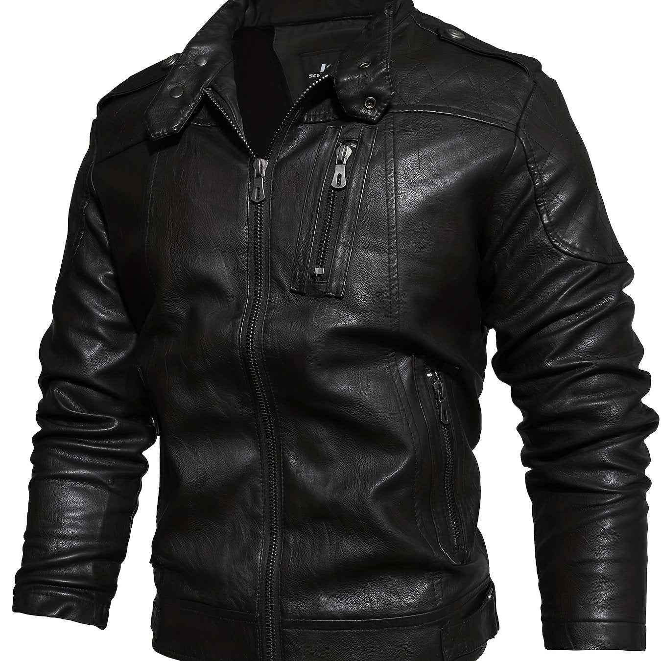 PU Biker Jacket Men's Casual Zipper Pockets Stand Collar Faux Leather Jacket