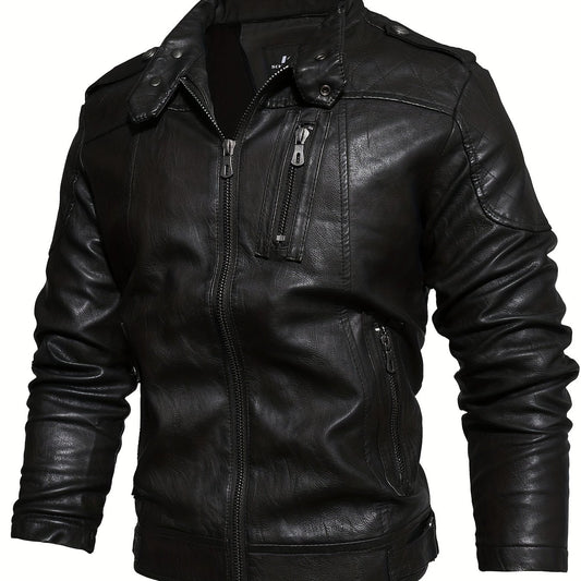 PU Biker Jacket Men's Casual Zipper Pockets Stand Collar Faux Leather Jacket