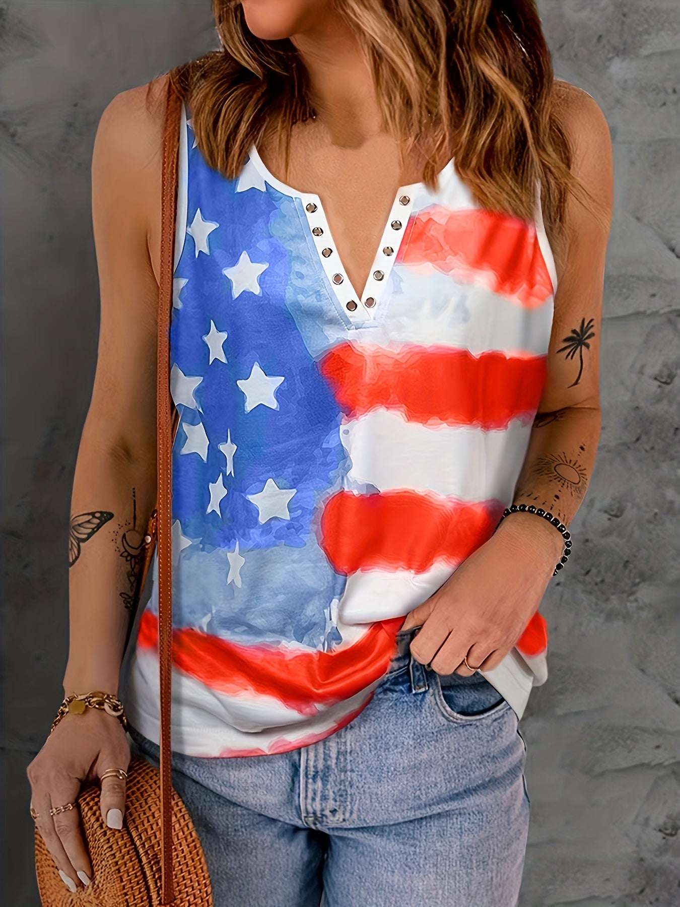 Flag Print V Neck Tank Top Summer Women's Clothing