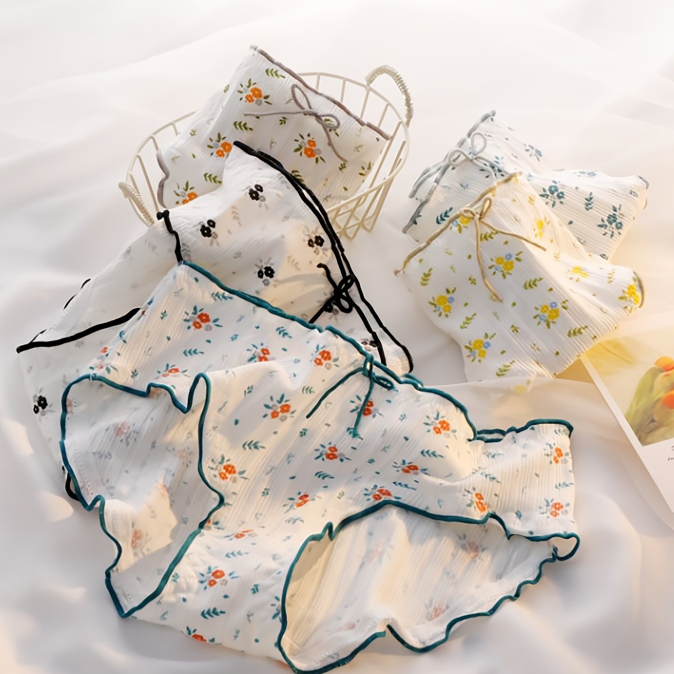 5pcs Floral Print Bikini Panties Comfy & Soft Ribbed Intimates Women's Lingerie