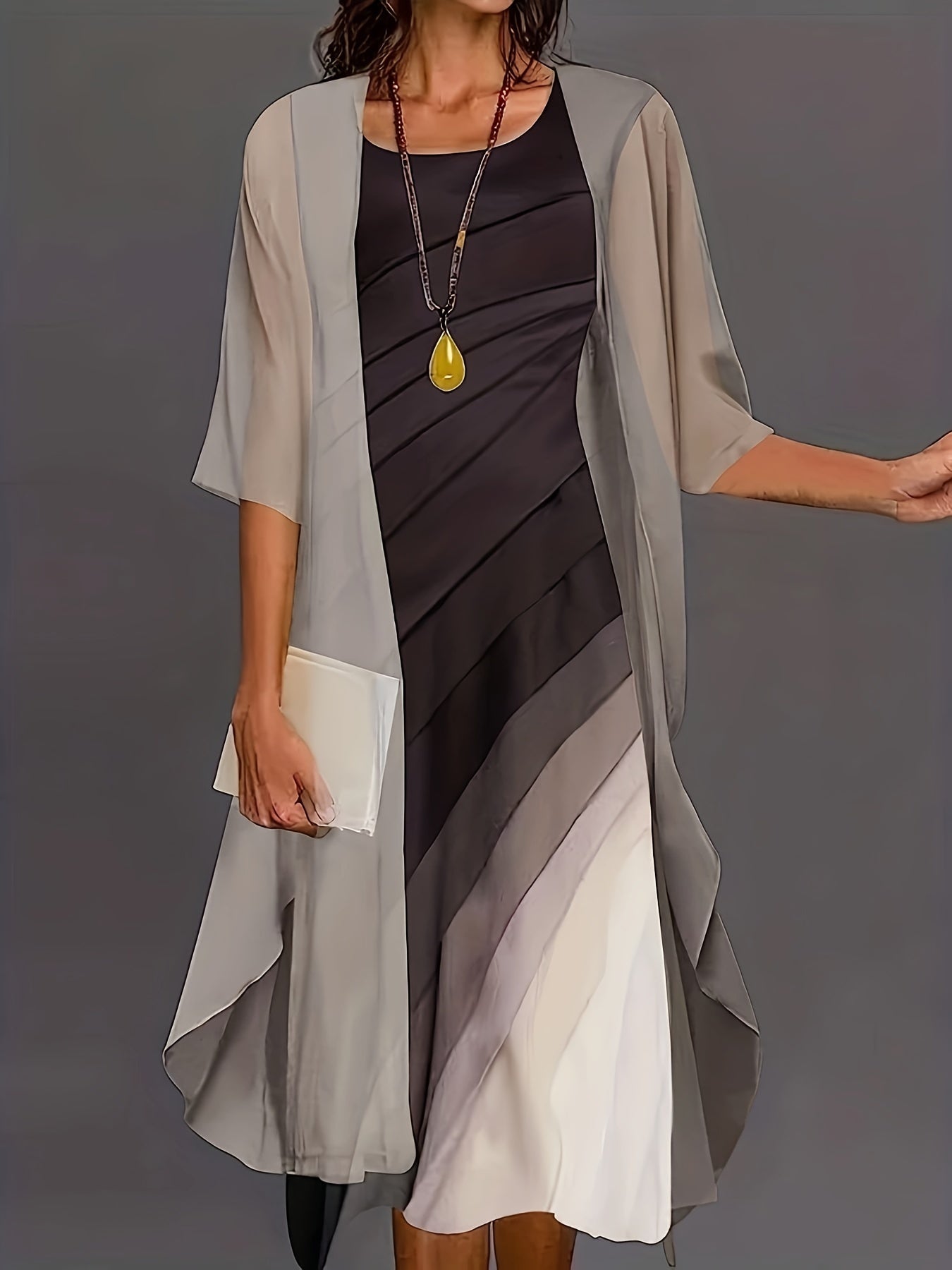 Spring & Fall 2pc Set Long Cardigan & Midi Dress Outfit