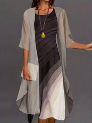 Spring & Fall 2pc Set Long Cardigan & Midi Dress Outfit