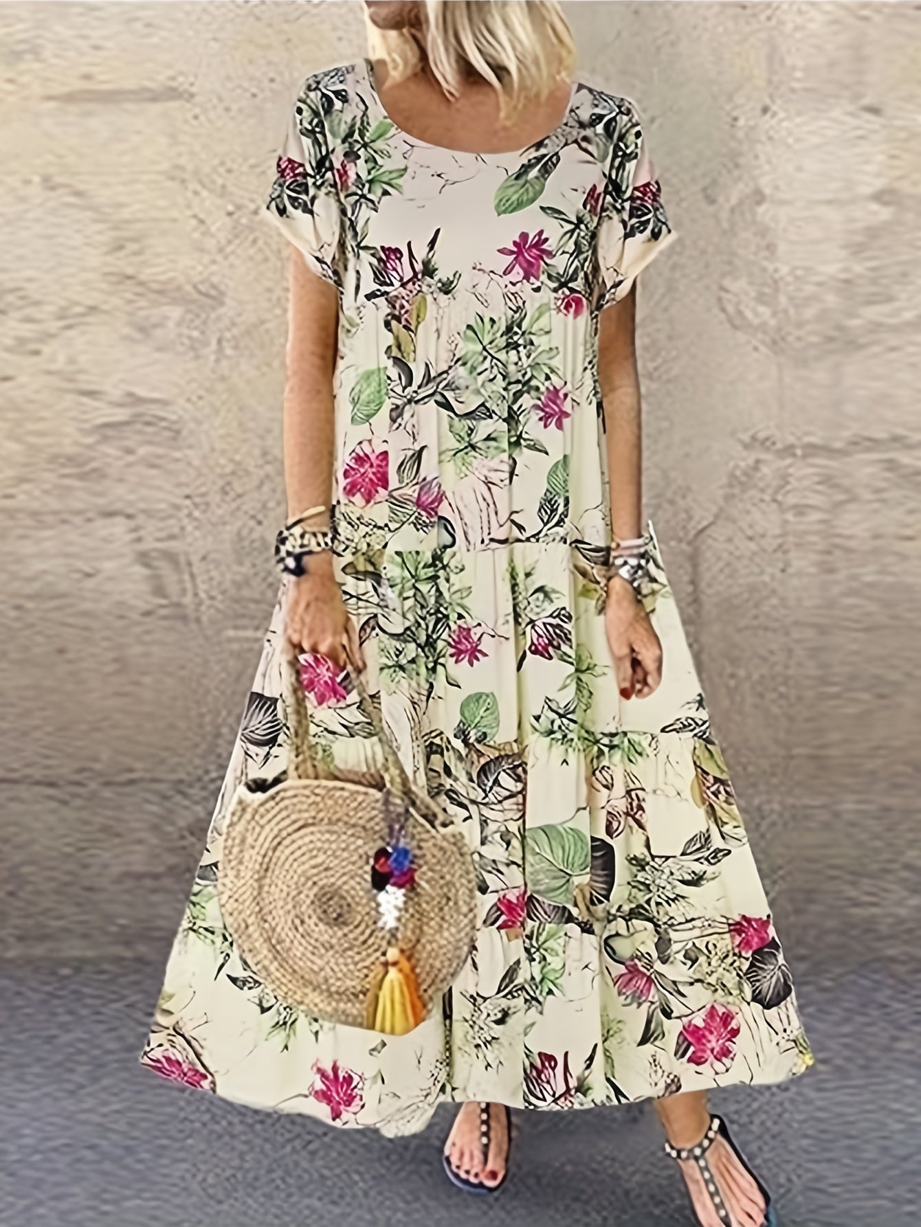 Women's Plus Floral Print Maxi Dress Short Sleeve Round Neck