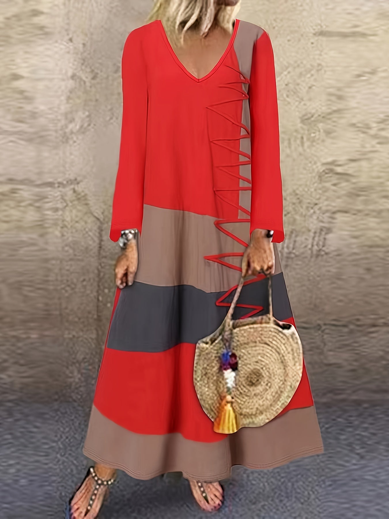 Colorblock Long Sleeve V Neck Maxi Dress