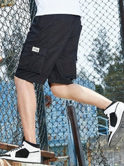 Men's Cotton Cargo Shorts Casual Solid Knee Length Elastic Waist