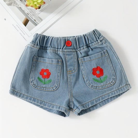 Toddler Girls Flower Embroidered Shorts Elastic Waist Button Casual Denim