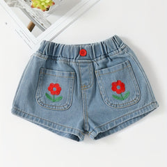 Toddler Girls Flower Embroidered Shorts Elastic Waist Button Casual Denim