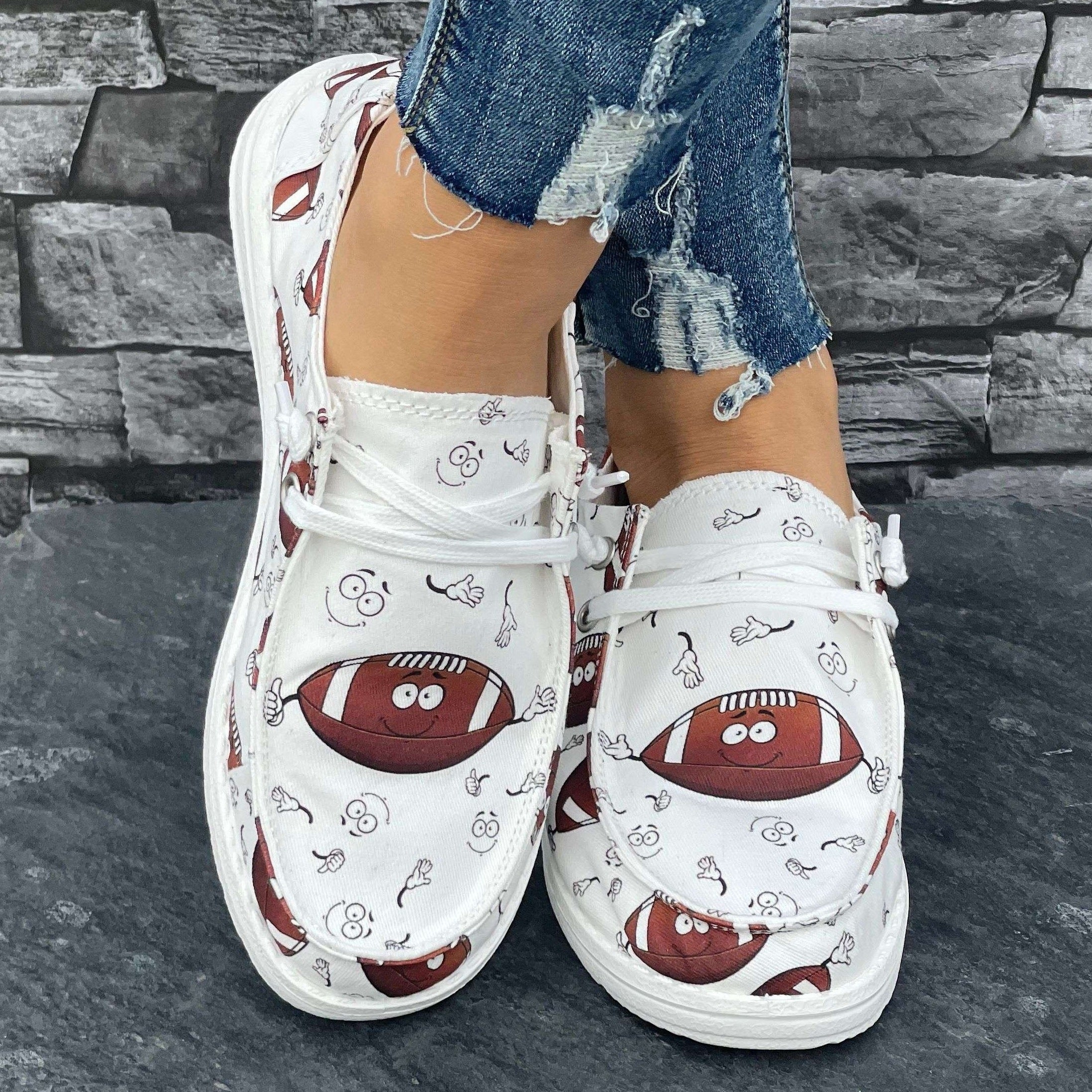 Rugby Cartoon Pattern Flat Shoes Women's Casual Slip On Shoes